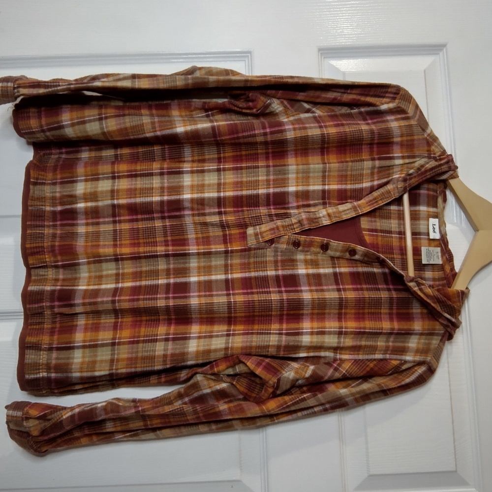 Retro Lee Plaid Flannel Hoodie Henley Button Pullover Rust Brown Size Large
